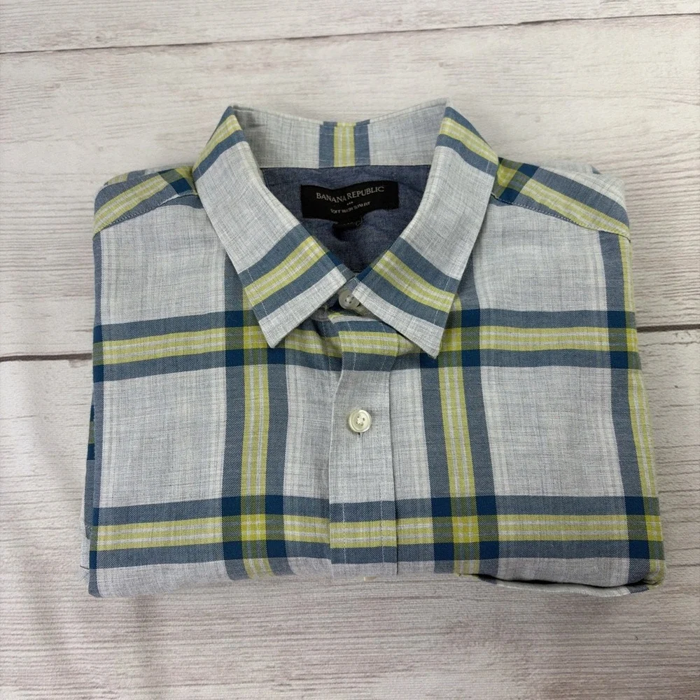 Banana Republic Men's M Soft Wash Long Sleeve Shirt Slim Fit Blue Yellow Plaid